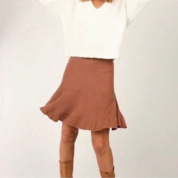 NWT Free People Solid Gold Ribbed Ruffle Trim Skirt - Picture 3 of 9